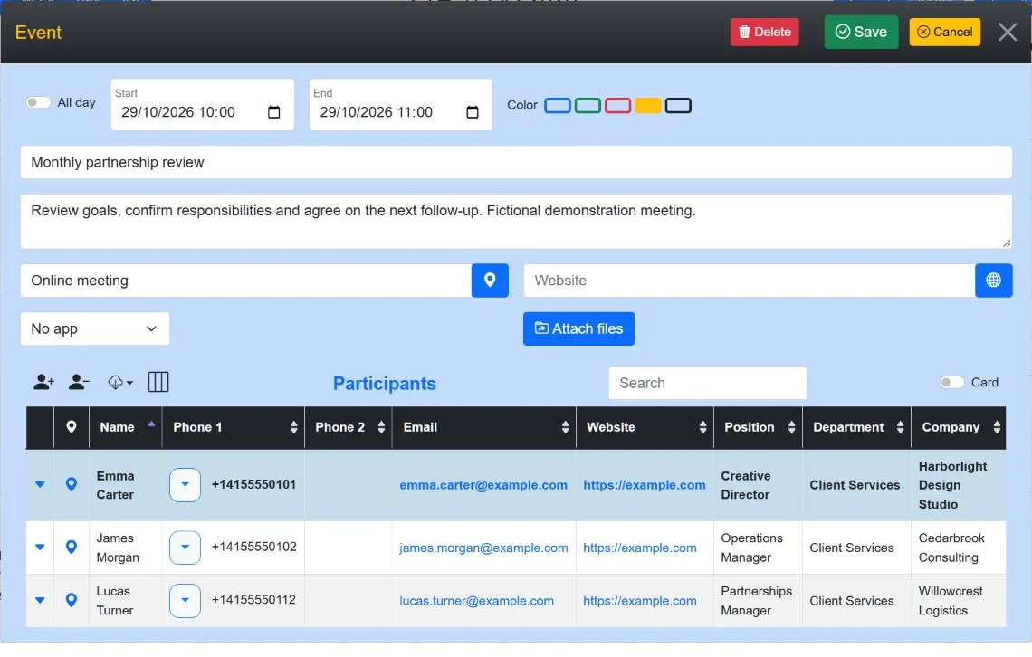Event form showing dates, meeting details and three participants.