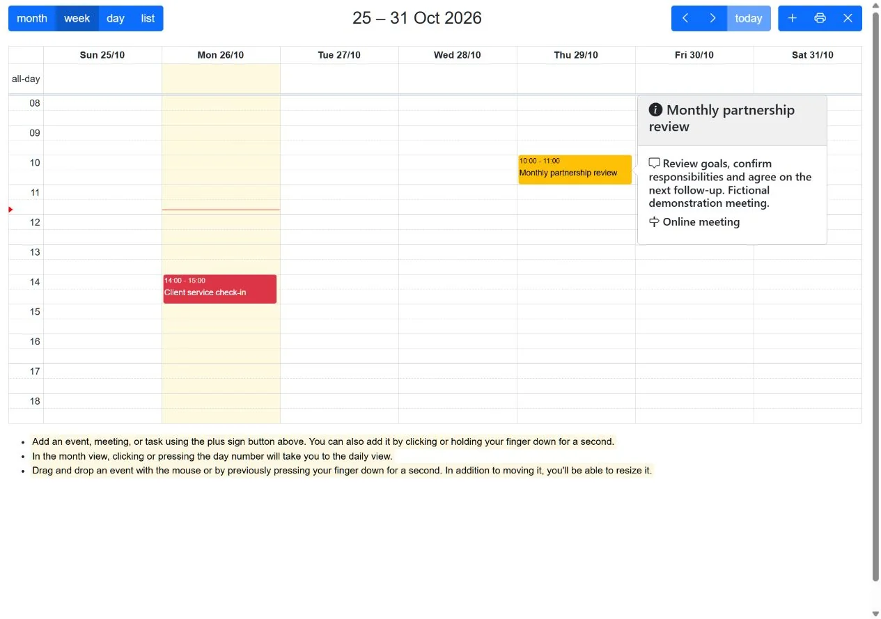 Weekly CRM calendar with client meetings