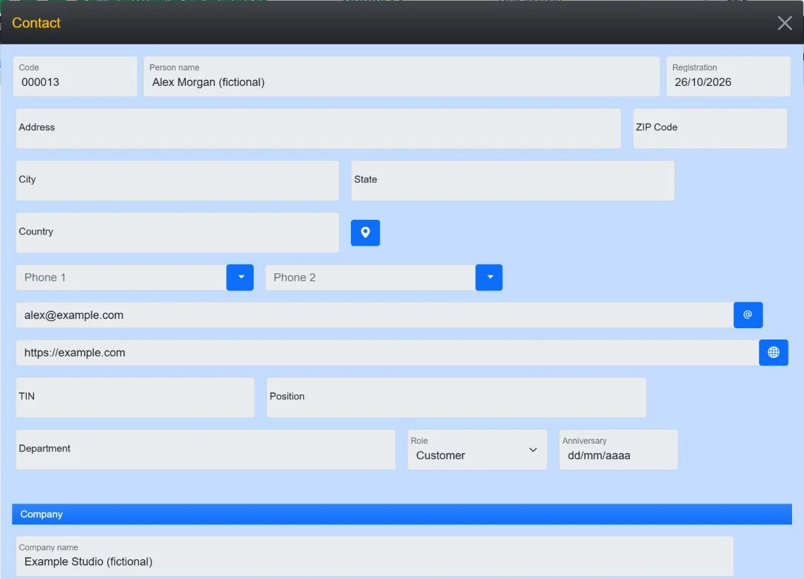 Alex’s imported contact record with an automatically generated code.