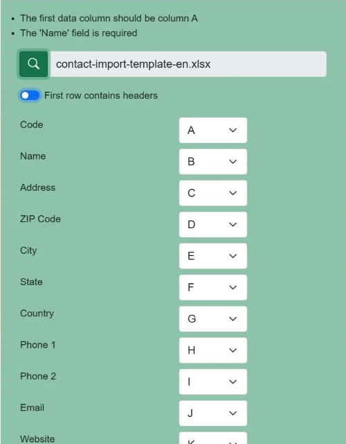 Excel column assignment in My Contacts Cloud