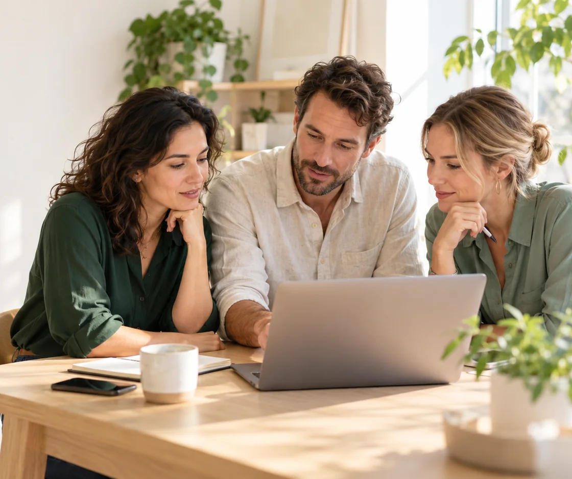 Three colleagues review customer information together on a laptop in a bright office