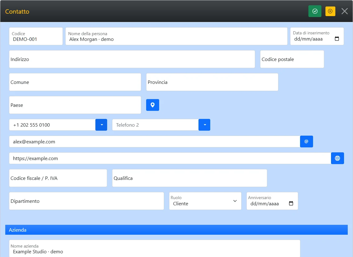 Scheda del contatto e dati della sua azienda in My Contacts Cloud