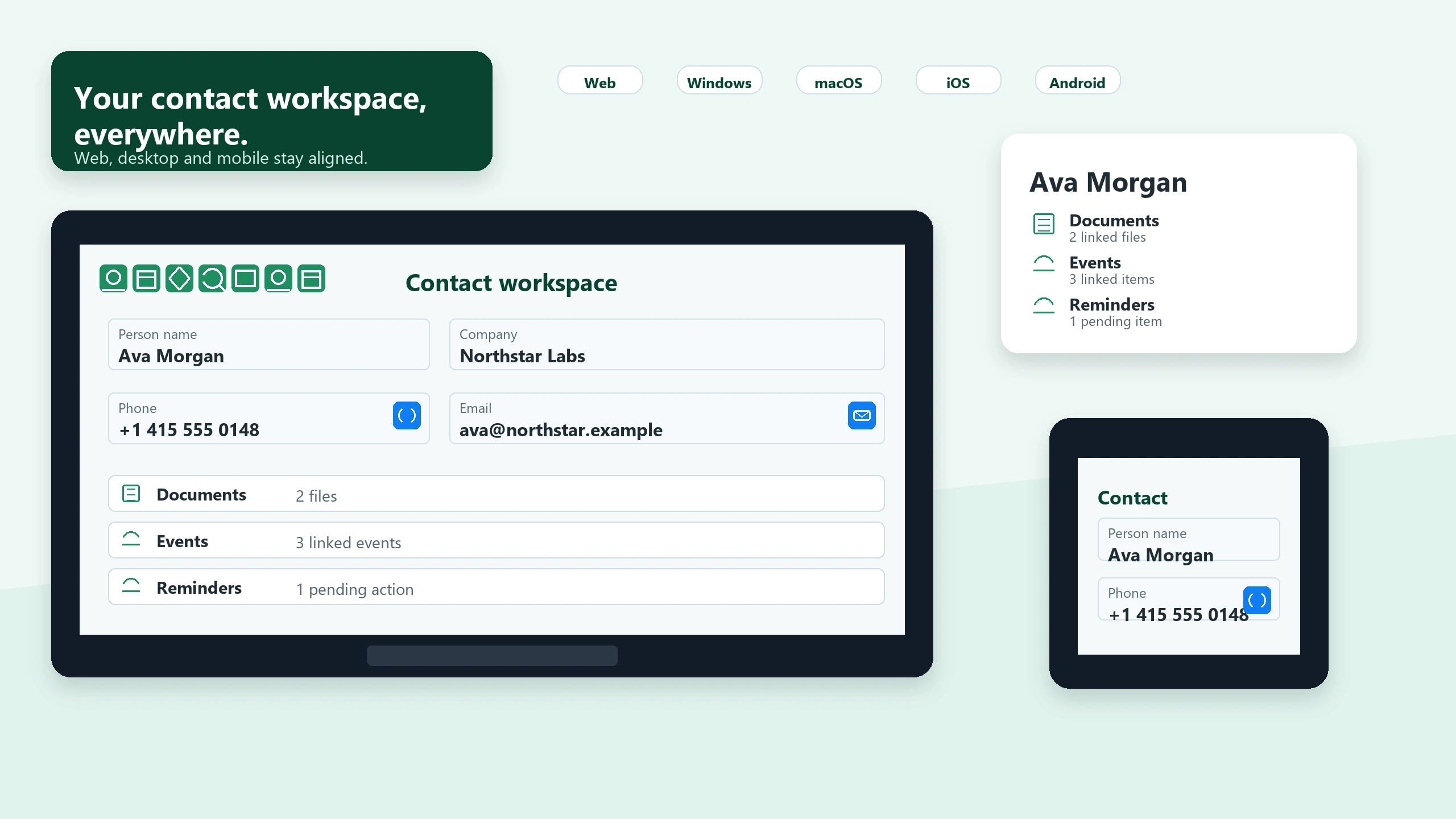 Derselbe Kontaktbereich im Web, auf dem Smartphone und am Desktop, mit Dokumenten, Terminen und Erinnerungen