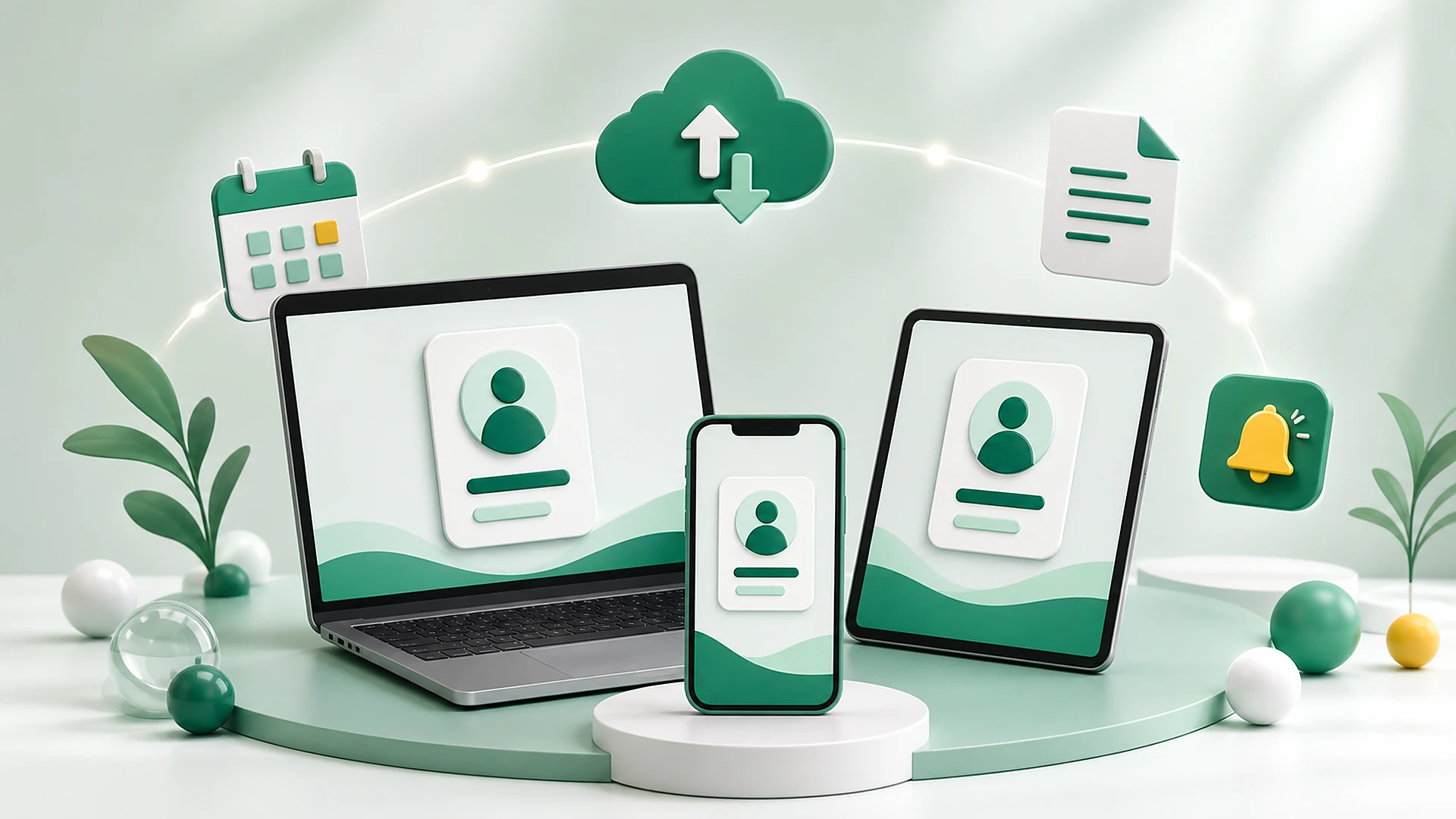 Spazio contatti sincronizzato su laptop, smartphone e tablet con cloud, documenti, calendario e promemoria