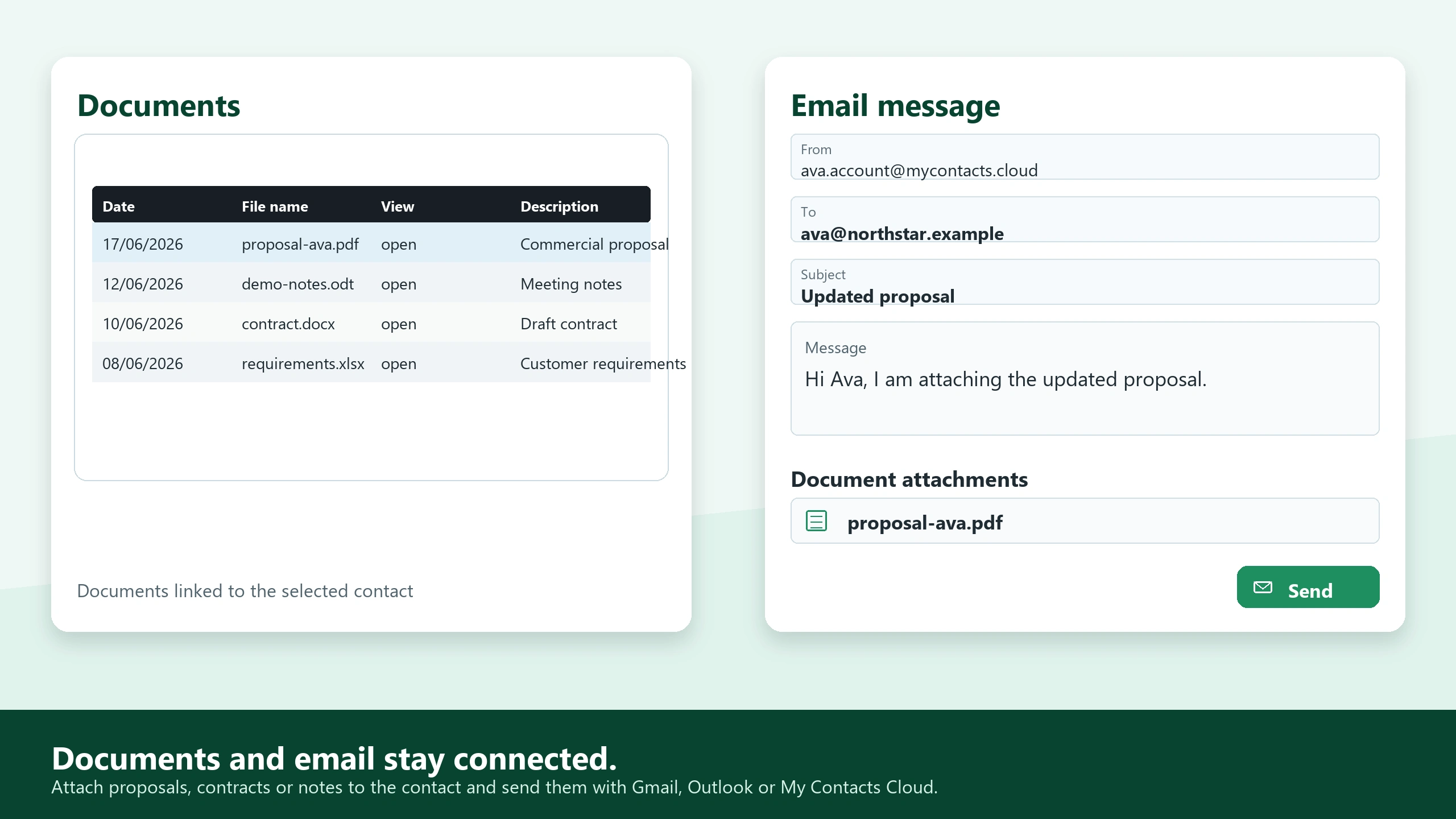 Dokumente und E-Mails in My Contacts Cloud CRM miteinander verbunden