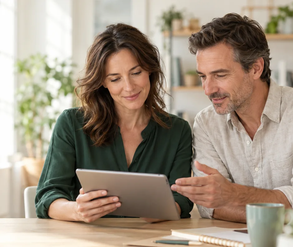 Unha profesional e o seu cliente consultan información xuntos nunha tableta