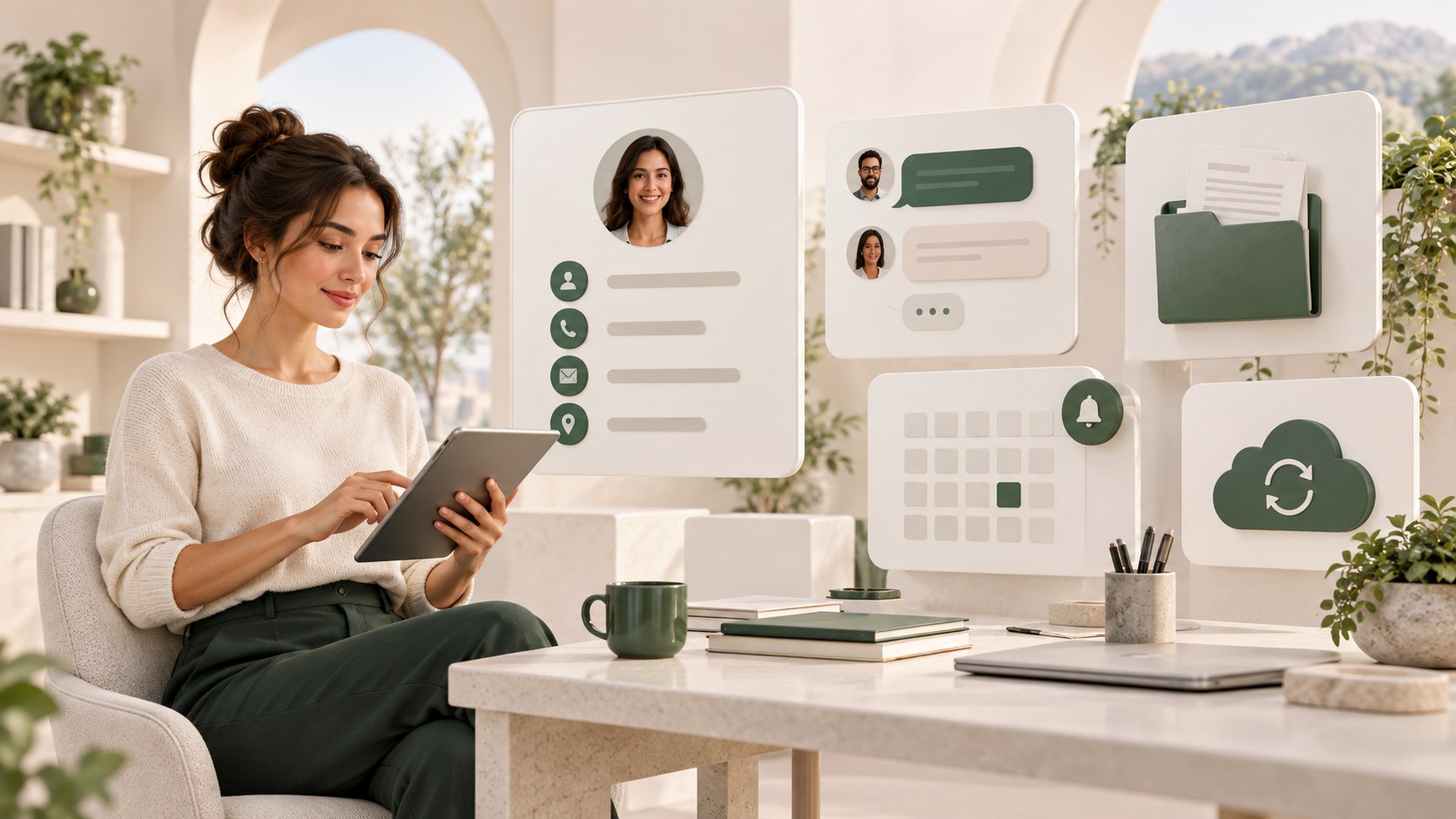 Professional using My Contacts Cloud with contact, communication, documents, calendar and cloud access guidance
